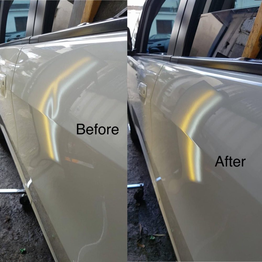 Silver door dent: before and after (before and after paintless repair)